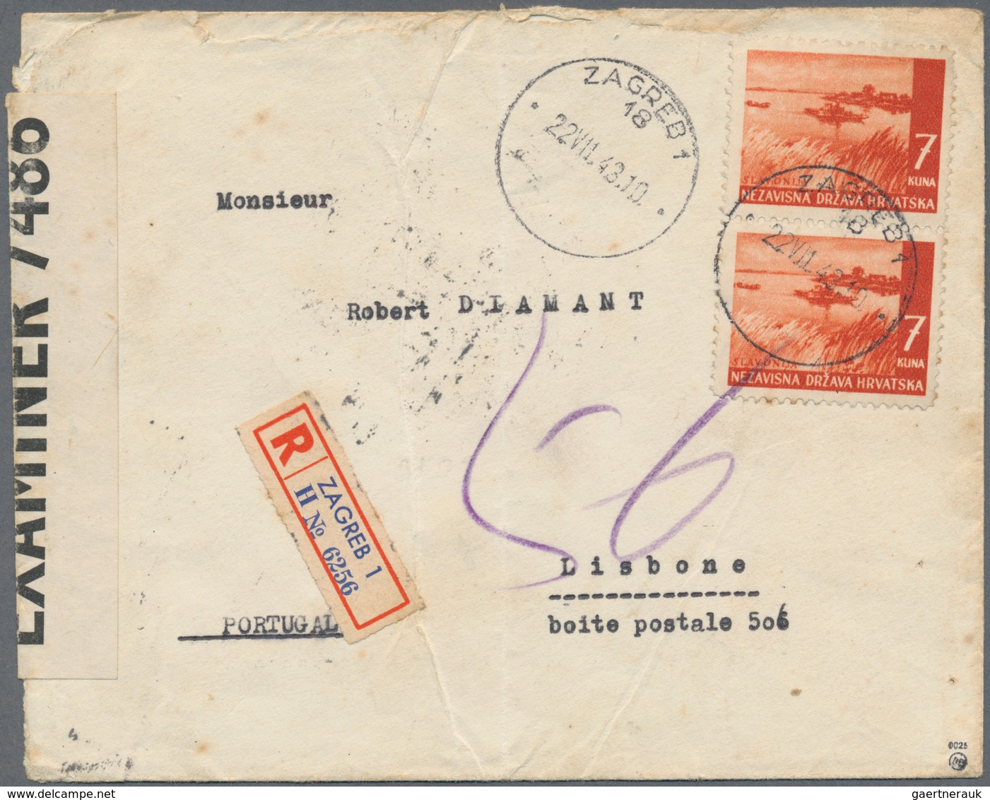 Kroatien: 1941, Cover Address For Letters To England Via Portugal: 7k. Orange-brown, Vertical Pair O - Croatia