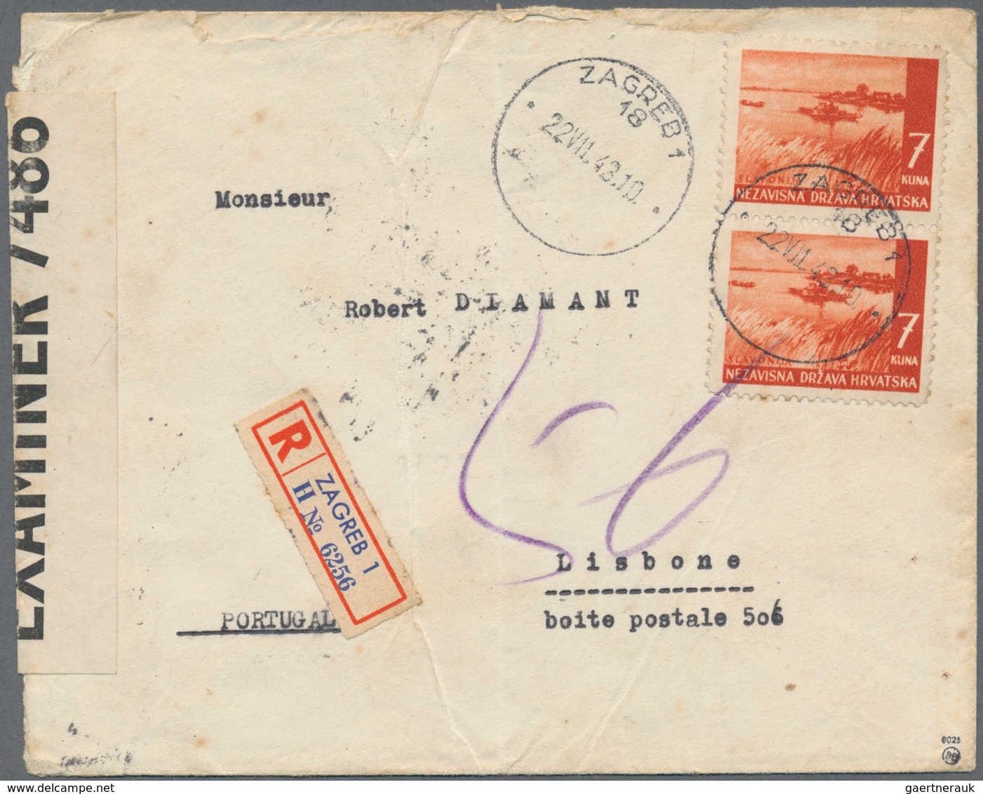 Kroatien: 1941, Cover Address For Letters To England Via Portugal: 7k. Orange-brown, Vertical Pair O - Kroatien