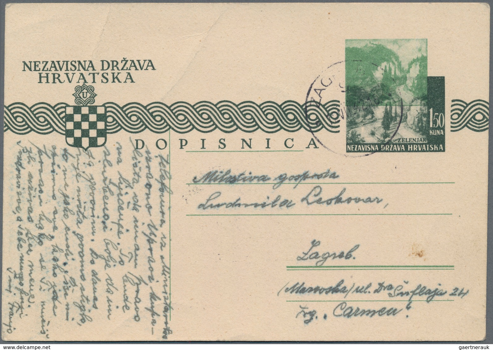 Kroatien - Ganzsachen: 1942, Card 1.5k. Dark Green With Additional Partial/shifted Impression Of Yel - Croatia