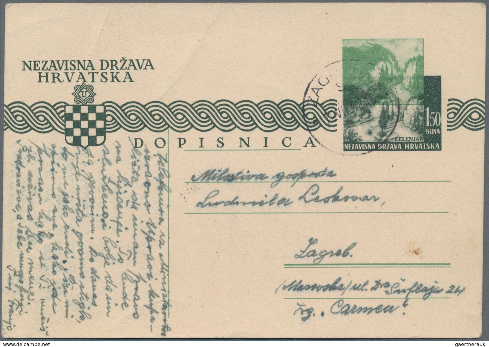 Kroatien - Ganzsachen: 1942, Card 1.5k. Dark Green With Additional Partial/shifted Impression Of Yel - Kroatien