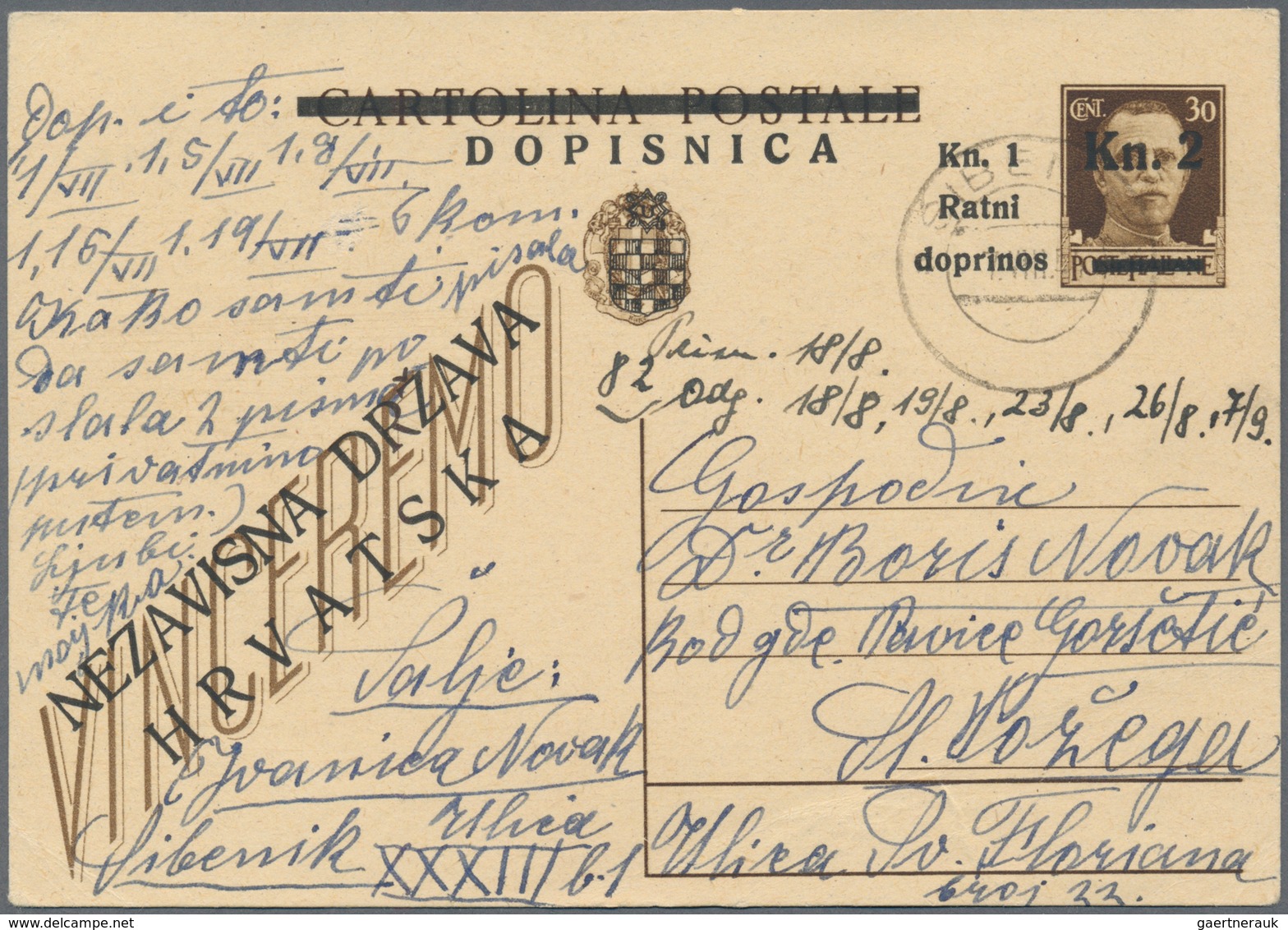 Kroatien - Ganzsachen: 1944, Card Kn.2+Kn.1 On 30c. Brown Commercially Used With Comprehensive Messa - Kroatien