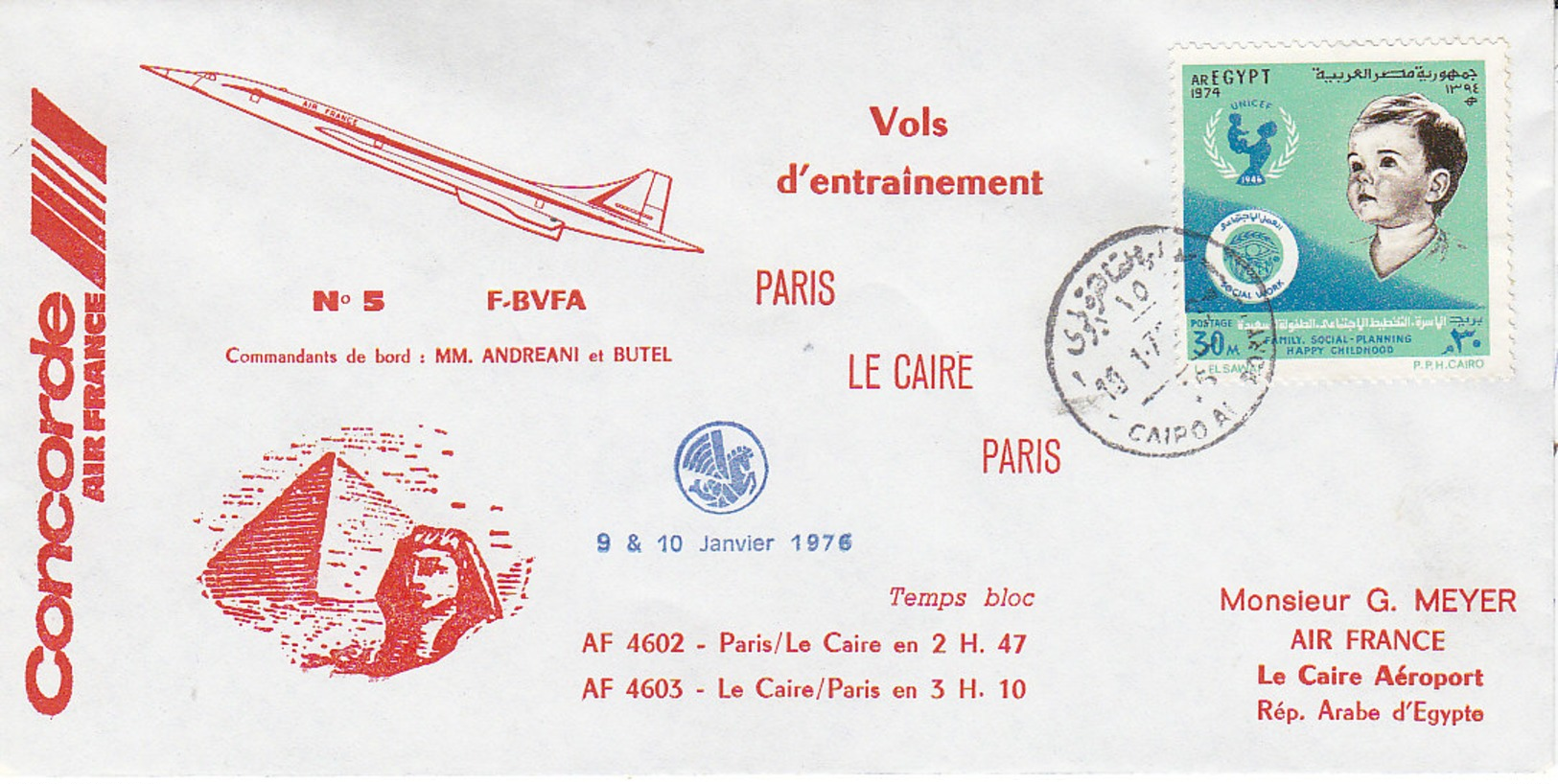 Concorde , Vol D"entrainement Paris - Le Caire - Paris ,1976 - Luchtpost
