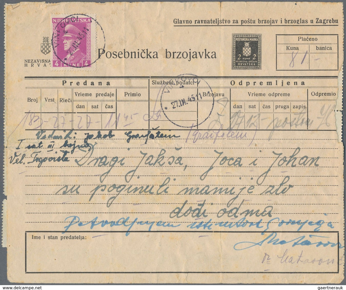 Kroatien - Ganzsachen: 1945, Telegram Form 2k. Black Uprated By Pavelic 4k. Lilac And 30xpostal Tax - Croatia