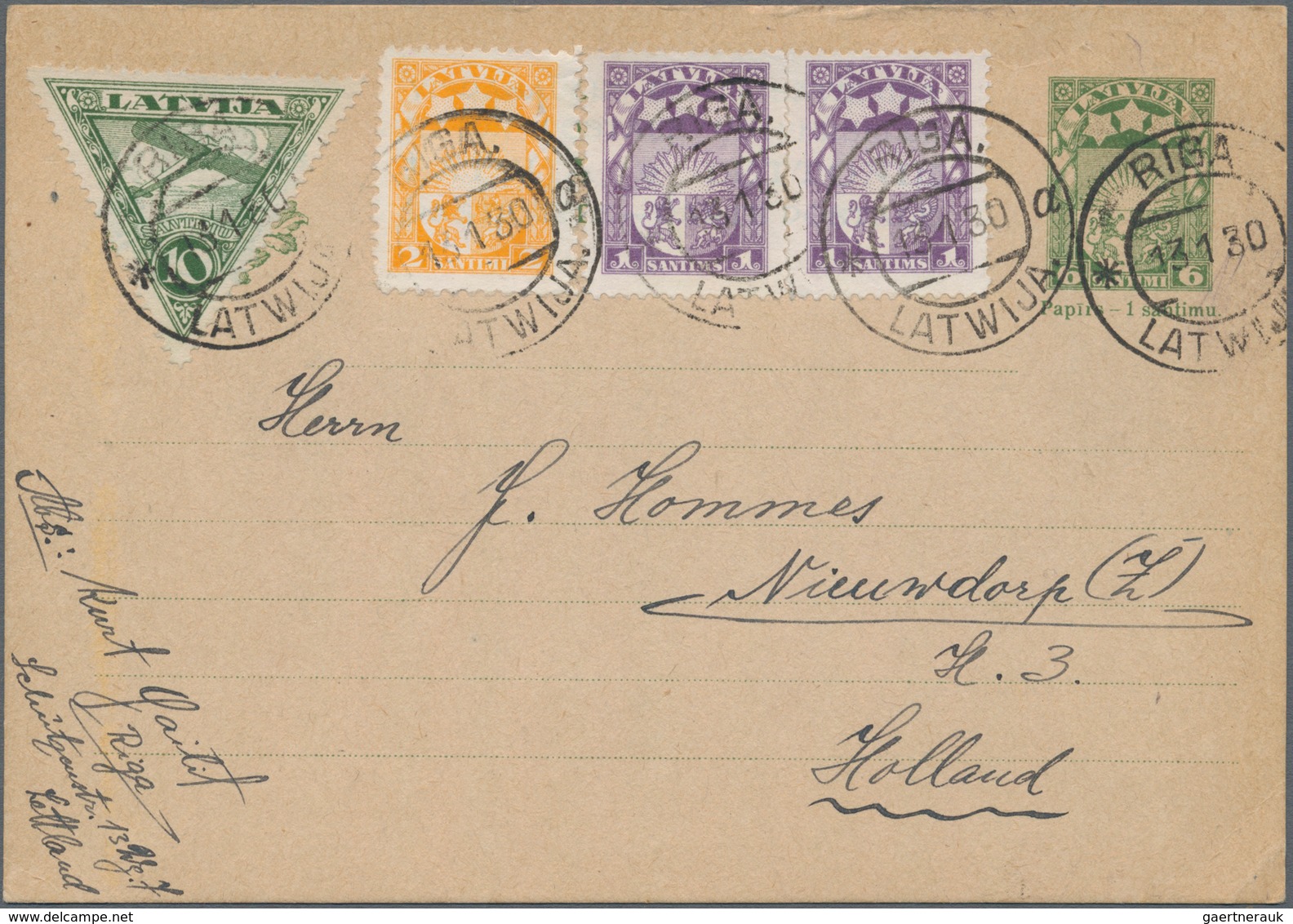 Lettland - Ganzsachen: 1929/30, Two Commercially Used Postal Stationery Cards 6 Santimi Green On Buf - Latvia