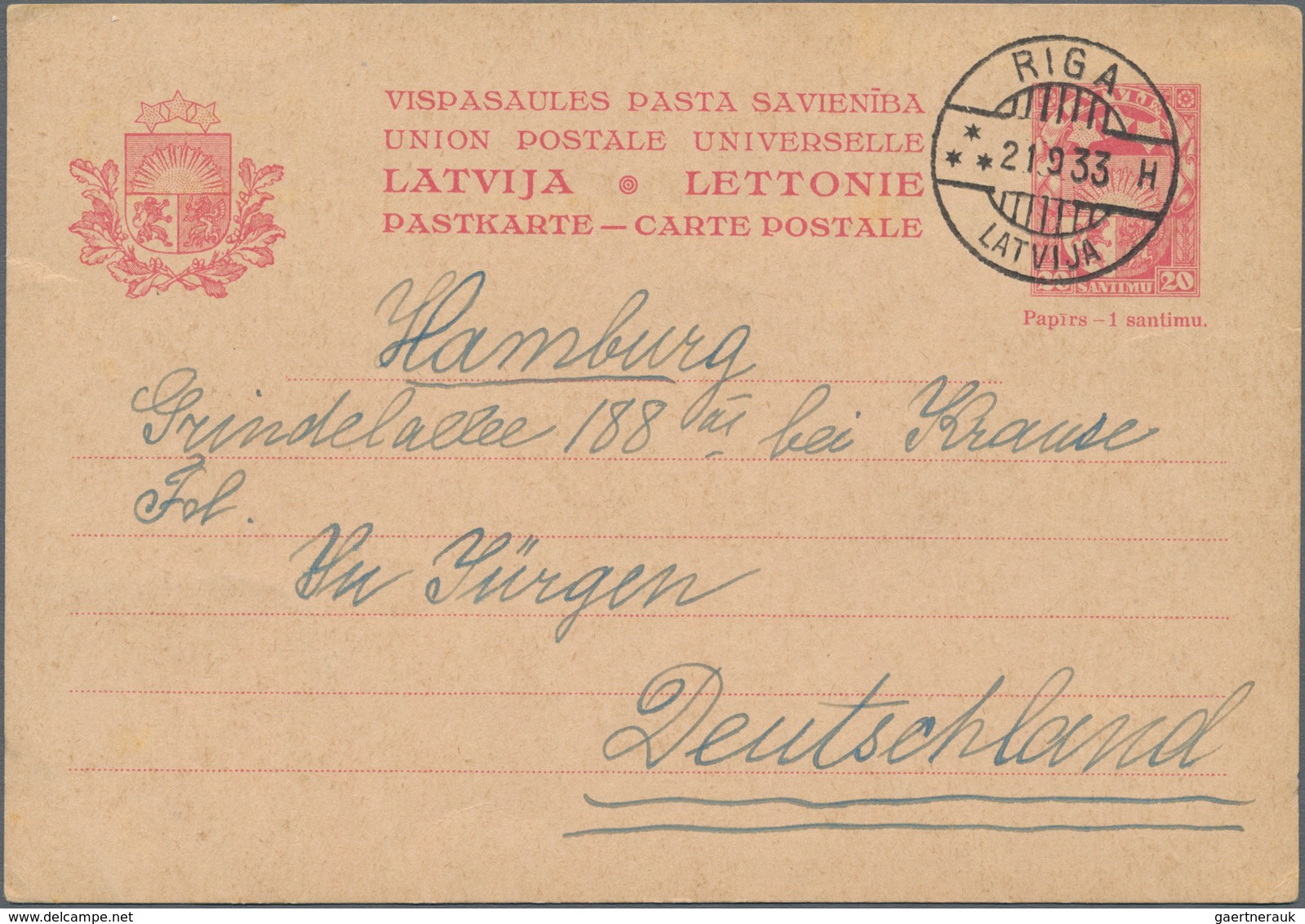 Lettland - Ganzsachen: 1933, Commercially Used Postal Stationery Card 20 Santimu Red On Buff, 20 Wit - Lettland