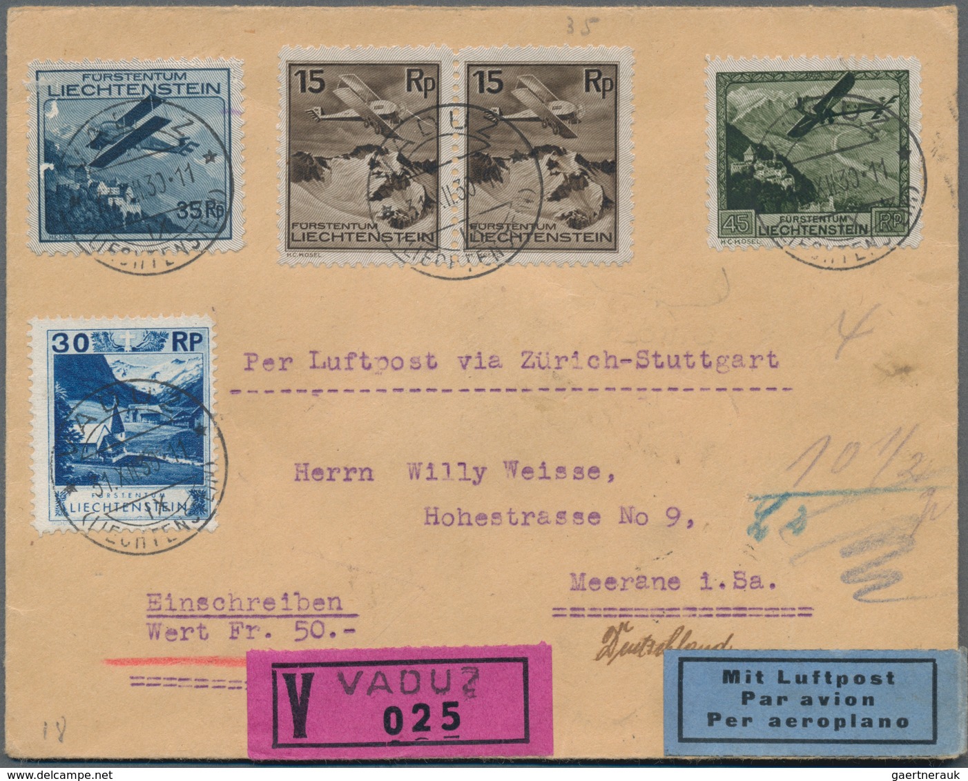 Liechtenstein: 1930, Luftpost 15 Rp. Braun (Paar), 35 Rp. Blau (vds. Zwei Helle Stellchen) Und 45 Rp - Covers & Documents