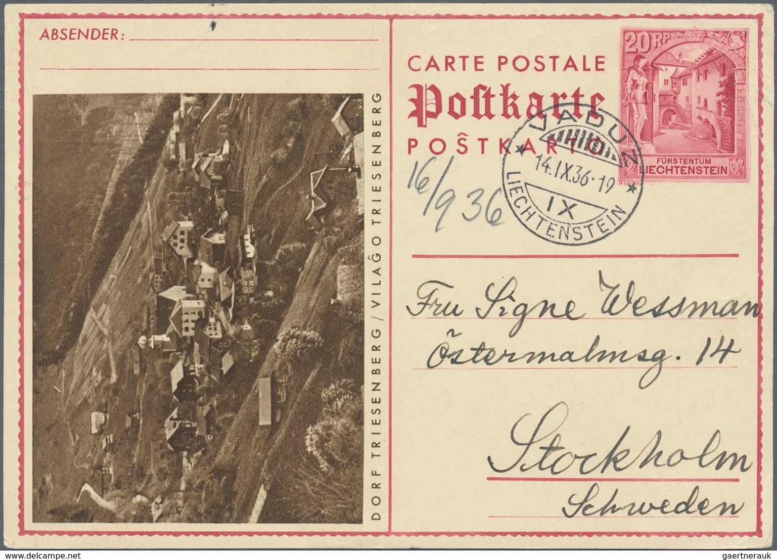 Liechtenstein - Ganzsachen: 1936. Bild-Postkarte 20 Rp Karmin Mit Abb. Vs. Links "Dorf Triesenberg". - Stamped Stationery