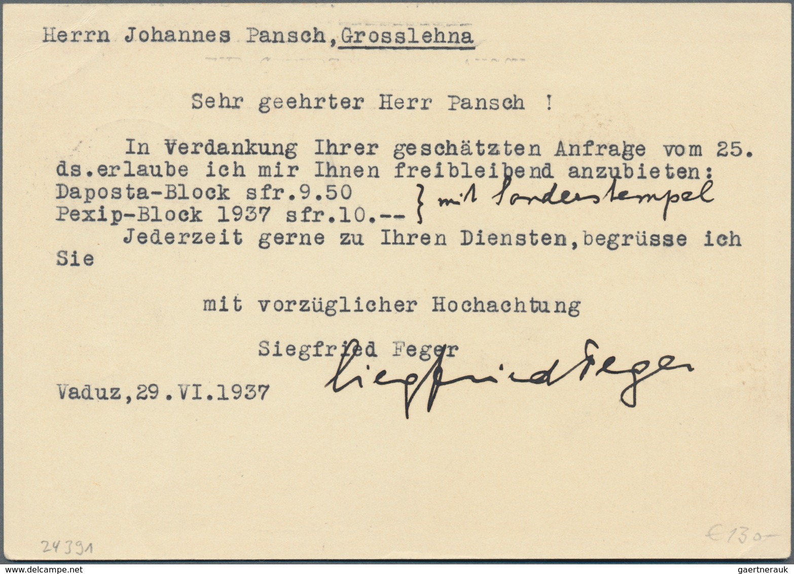 Liechtenstein - Ganzsachen: 1937, 20 Rp. Schloßhof, Bild Triesenberg, Bedarfskarte Von Vaduz Nach De - Stamped Stationery