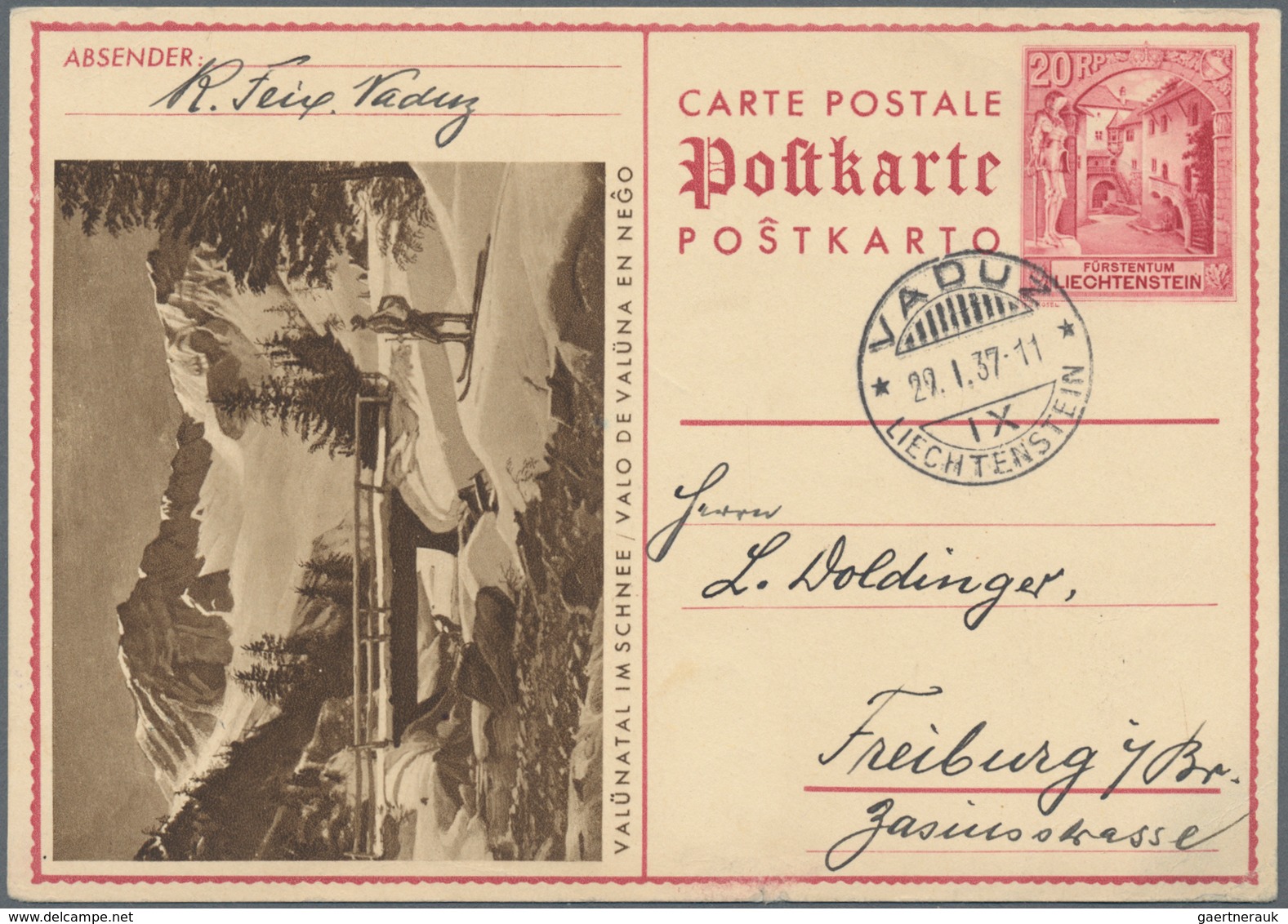 Liechtenstein - Ganzsachen: 1937, 20 Rp. Schloßhof, Bild Valünatal Im Schnee, Bedarfskarte Von Vaduz - Stamped Stationery