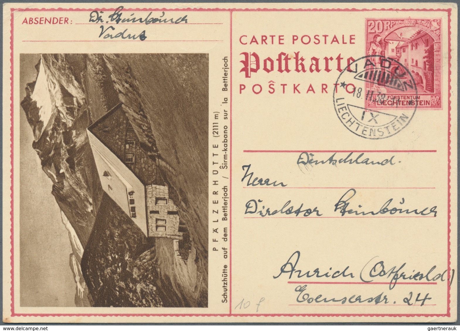 Liechtenstein - Ganzsachen: 1938, 20 Rp. Schloßhof, Bild Pfälzerhütte, Bedarfskarte Von Vaduz Nach A - Postwaardestukken