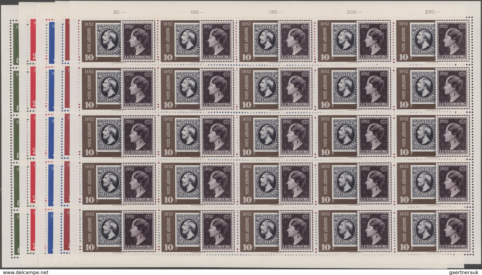 Luxemburg: 1952, Centenary Of Stamps Complete Set Of Five In Complete (vertical Folded) Sheets With - Other & Unclassified