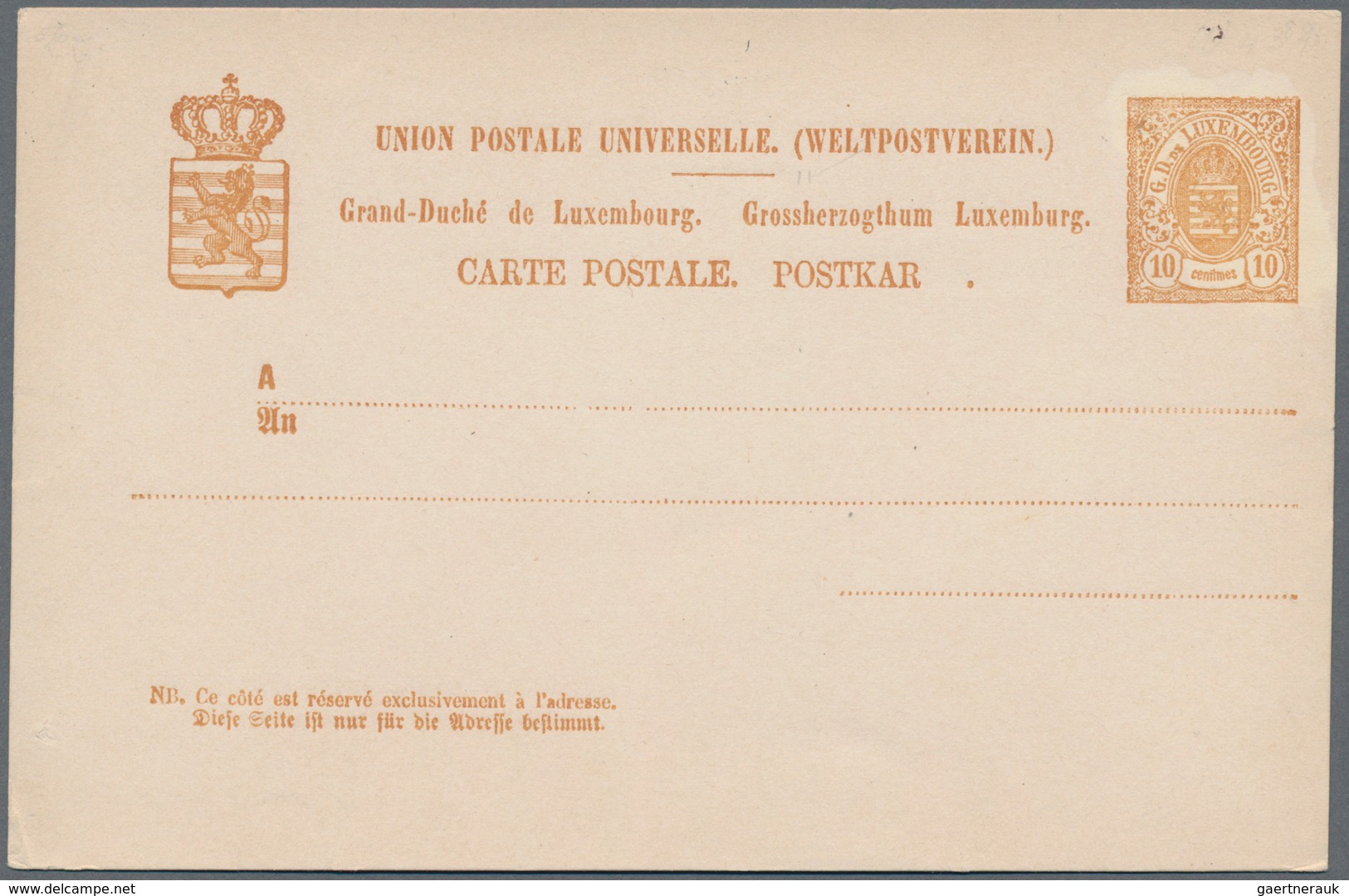Luxemburg - Ganzsachen: 1879, Card 10c. Bistre, Unused Copy Showing Variety "TE Of POSTKARTE Missing - Stamped Stationery