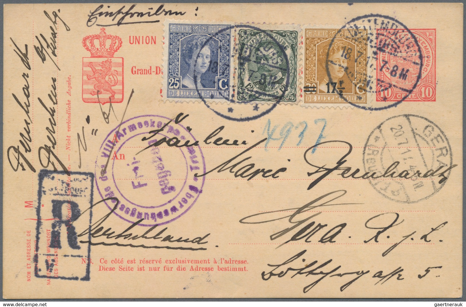 Luxemburg - Ganzsachen: 1917, Card 10c. Carmine Uprated By 12½c. Green, 25c. Blue And 17½ On 30c. Bi - Stamped Stationery