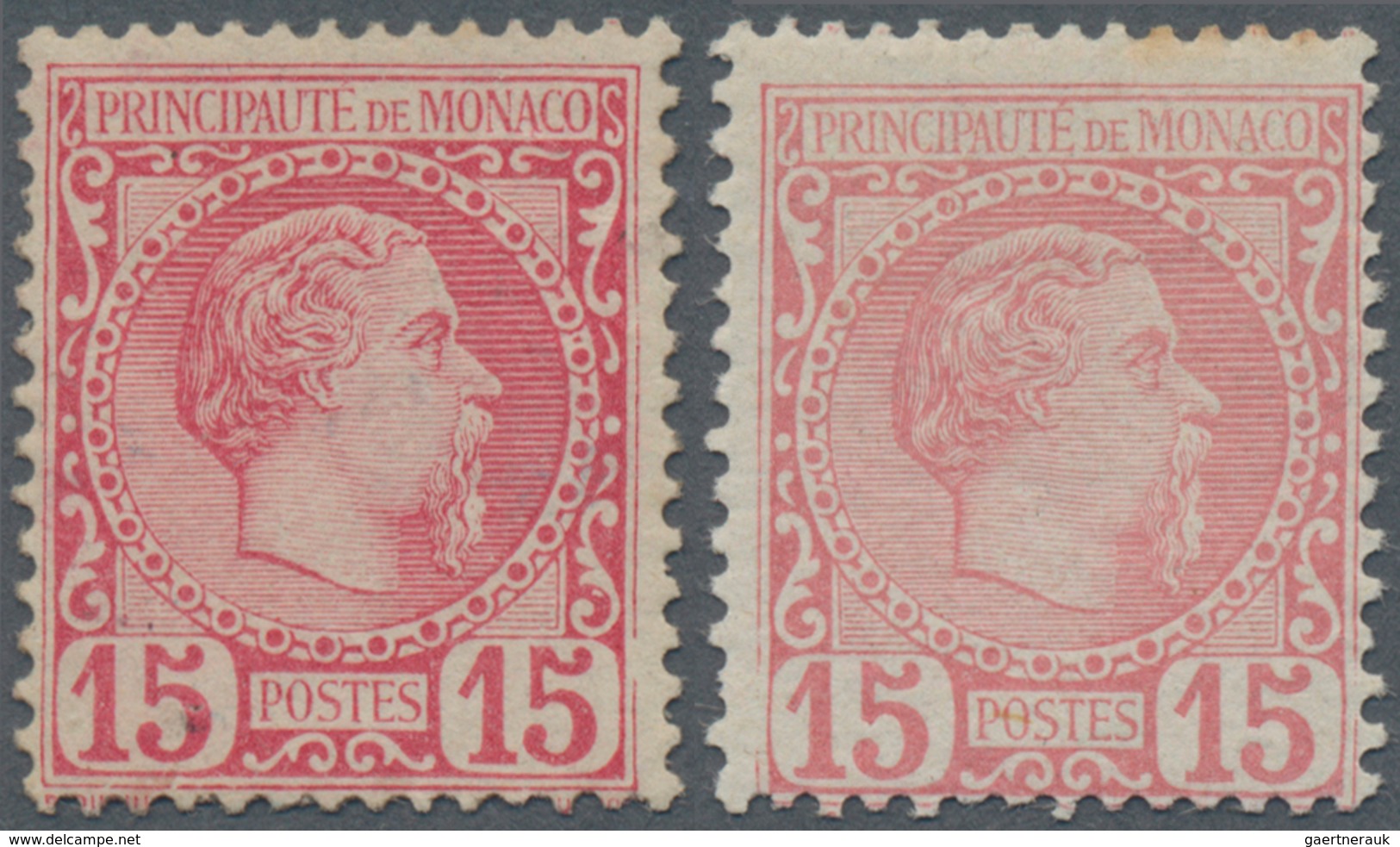 Monaco: 1885, Prince Charles III. 15c. Carmine Rose Two Singles In Different Shades, Mint Hinged And - Unused Stamps