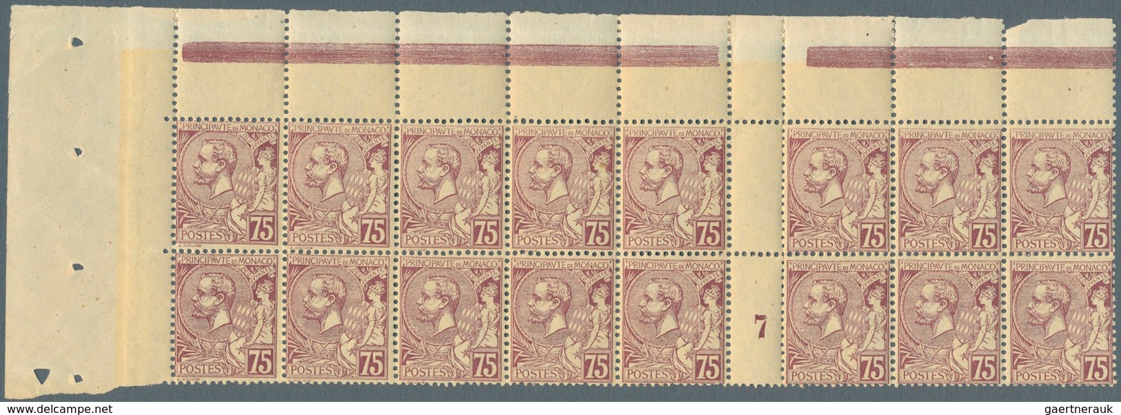 Monaco: 1891, 75 C Albert In Waag. 16er-Block Vom Eckrand Oben Links Mit 2 Zwischensteg-Paaren 1x Oh - Unused Stamps