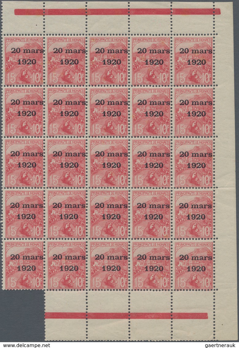 Monaco: 1920, Wedding Of Princess Charlotte 15c.+10c.carmine With Opt. '20 Mars / 1920' Block Of 25 - Ongebruikt