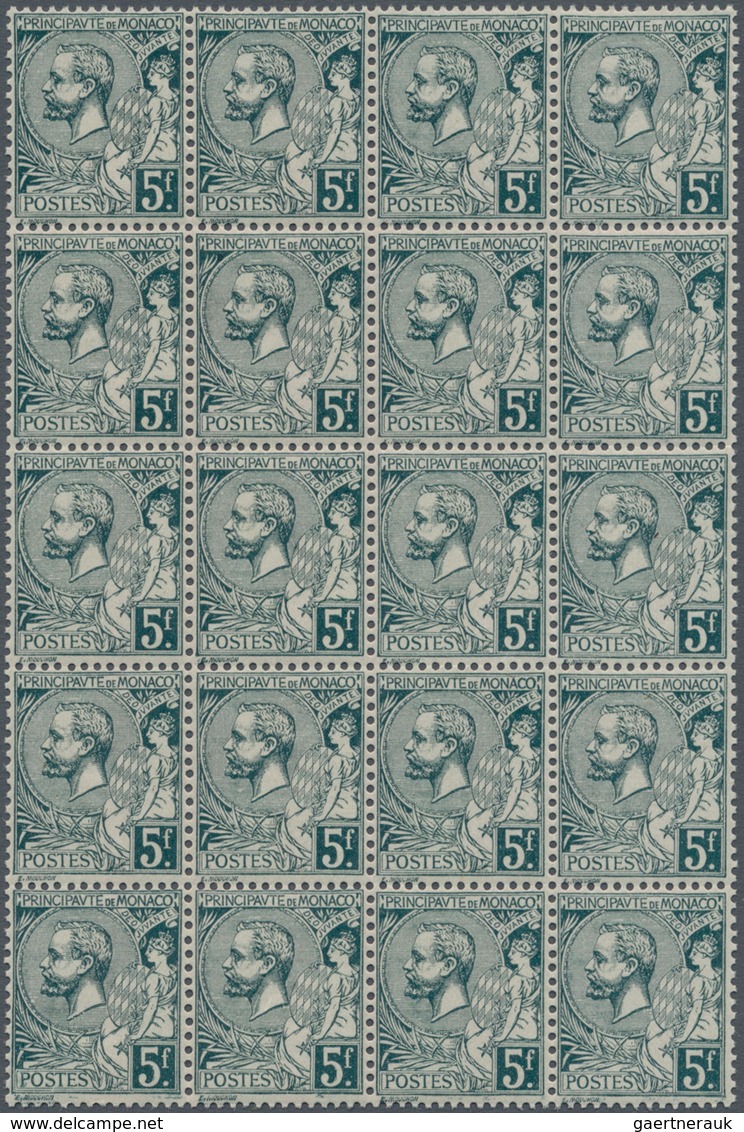 Monaco: 1921, Prince Albert I. 5fr. Dark-green Block Of Twenty, Mint Never Hinged, Mi. € 700,-- + (Y - Ungebraucht