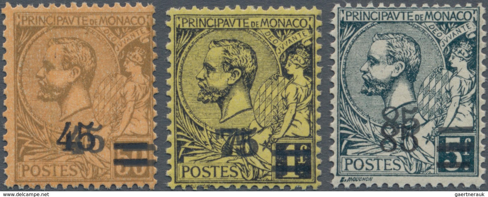 Monaco: 1924, Prince Albert I. Provisional Definitives Complete Set Of Three 45c. On 50c., 75c. On 1 - Unused Stamps