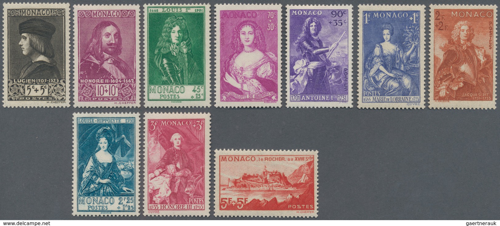 Monaco: 1939, Royals/View Of Monaco, Complete Set Of Ten Values, Mint Never Hinged, 5f.+5fr. Signed - Unused Stamps