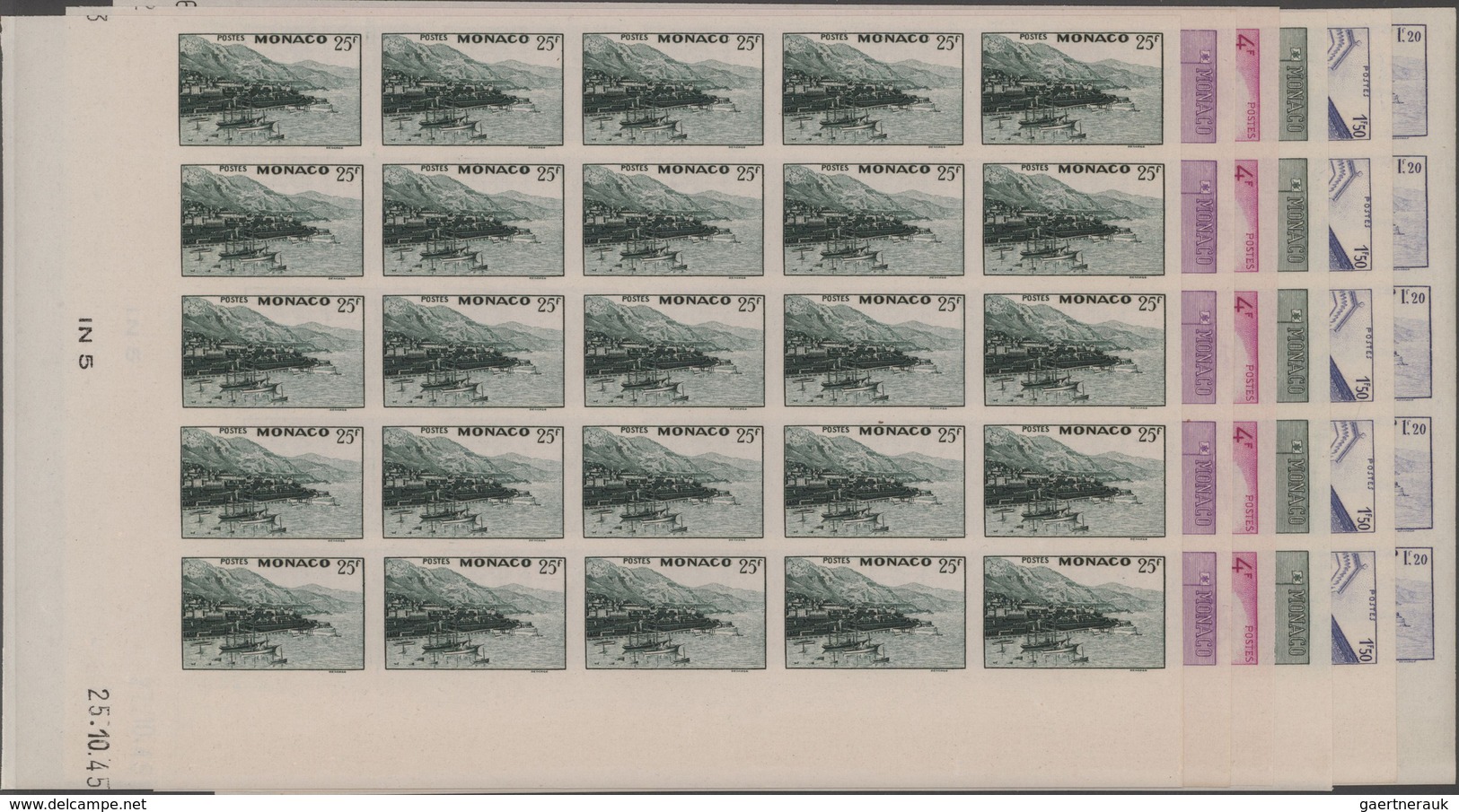 Monaco: 1946, Pictorial Definitives Complete Set Of Six In IMPERFORATE Blocks Of 25 From Lower Corne - Nuevos