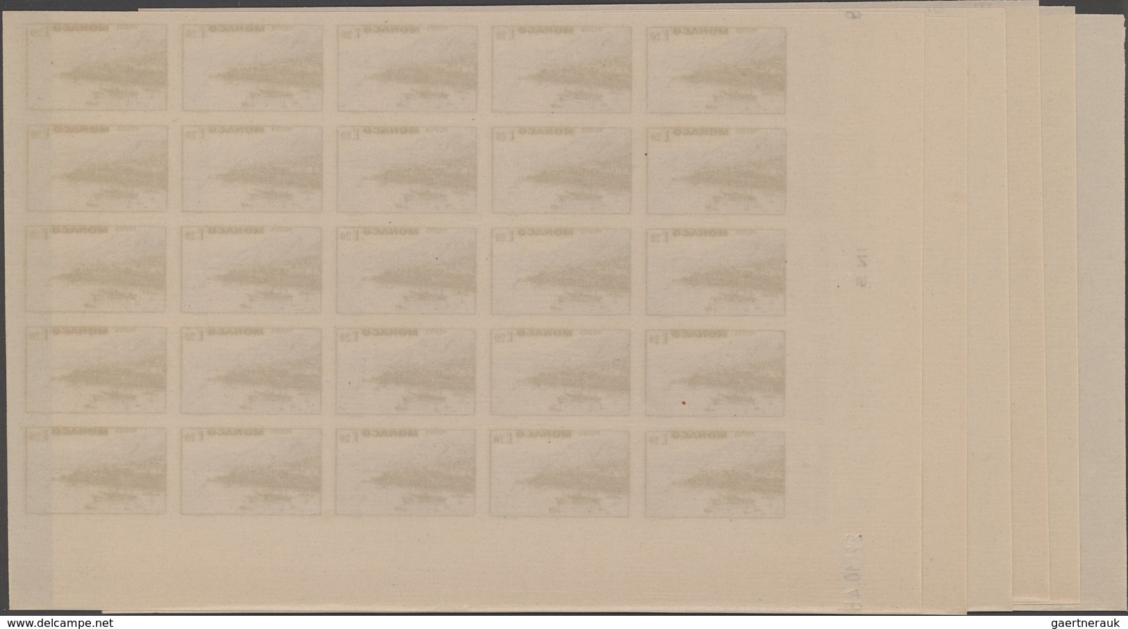 Monaco: 1946, Pictorial Definitives Complete Set Of Six In IMPERFORATE Blocks Of 25 From Lower Corne - Nuevos