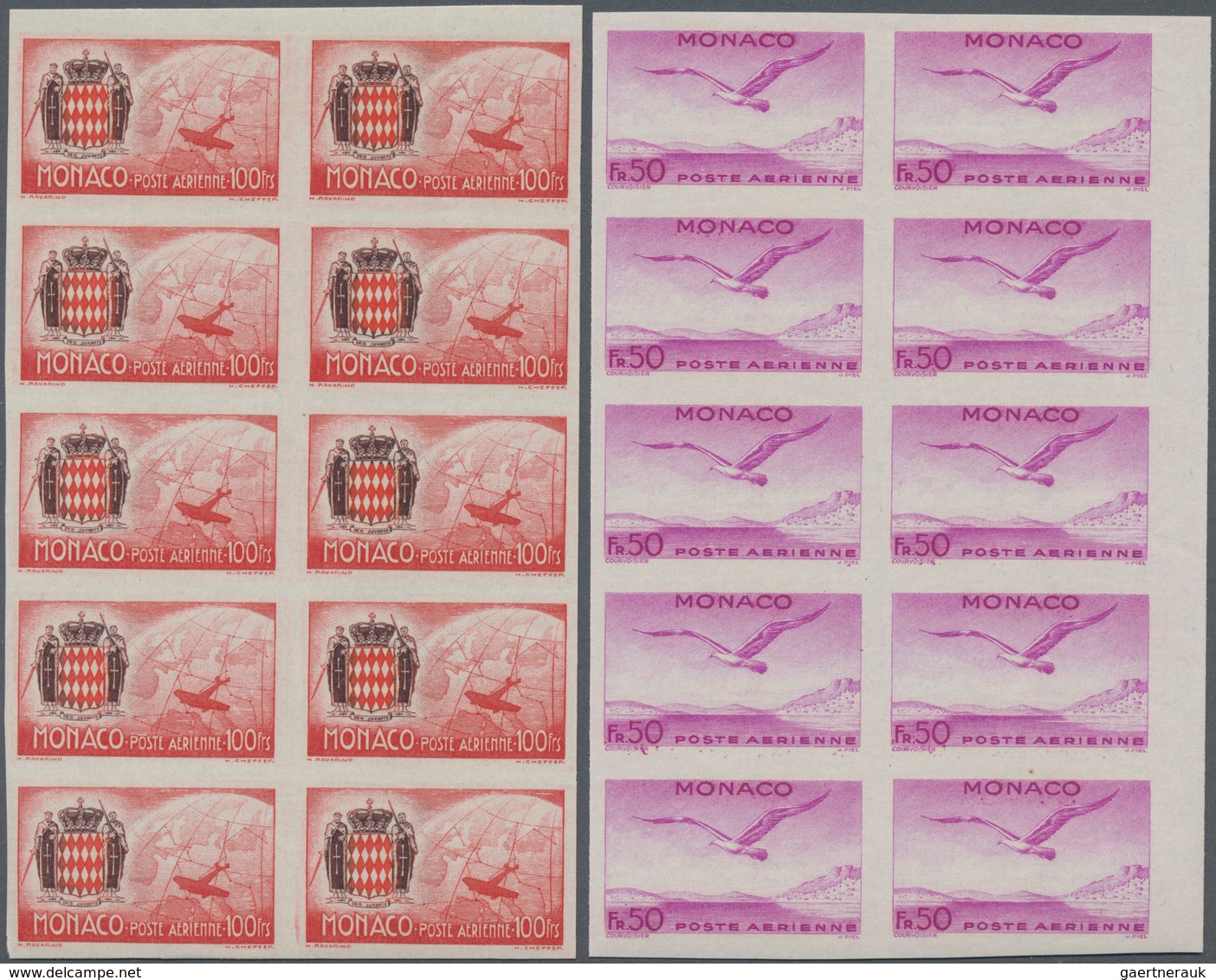 Monaco: 1942, Airmail Issue Complete Set Of Six In IMPERFORATE Blocks Of Ten, Mint Never Hinged And - Unused Stamps