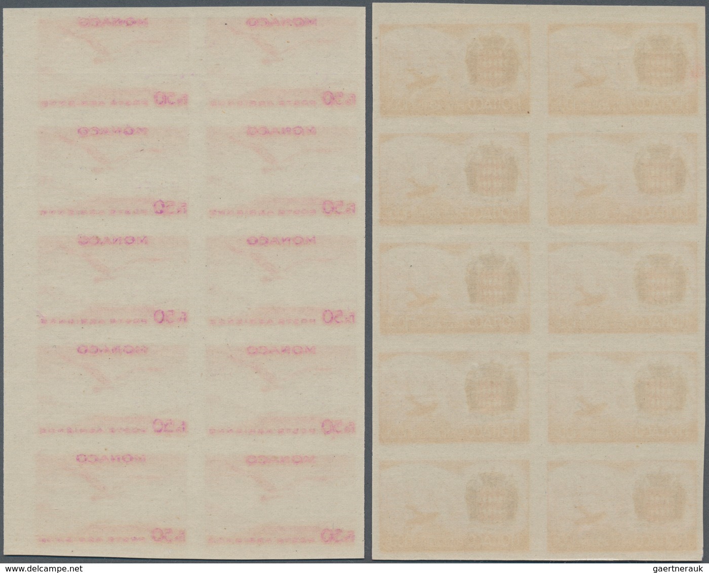 Monaco: 1942, Airmail Issue Complete Set Of Six In IMPERFORATE Blocks Of Ten, Mint Never Hinged And - Unused Stamps