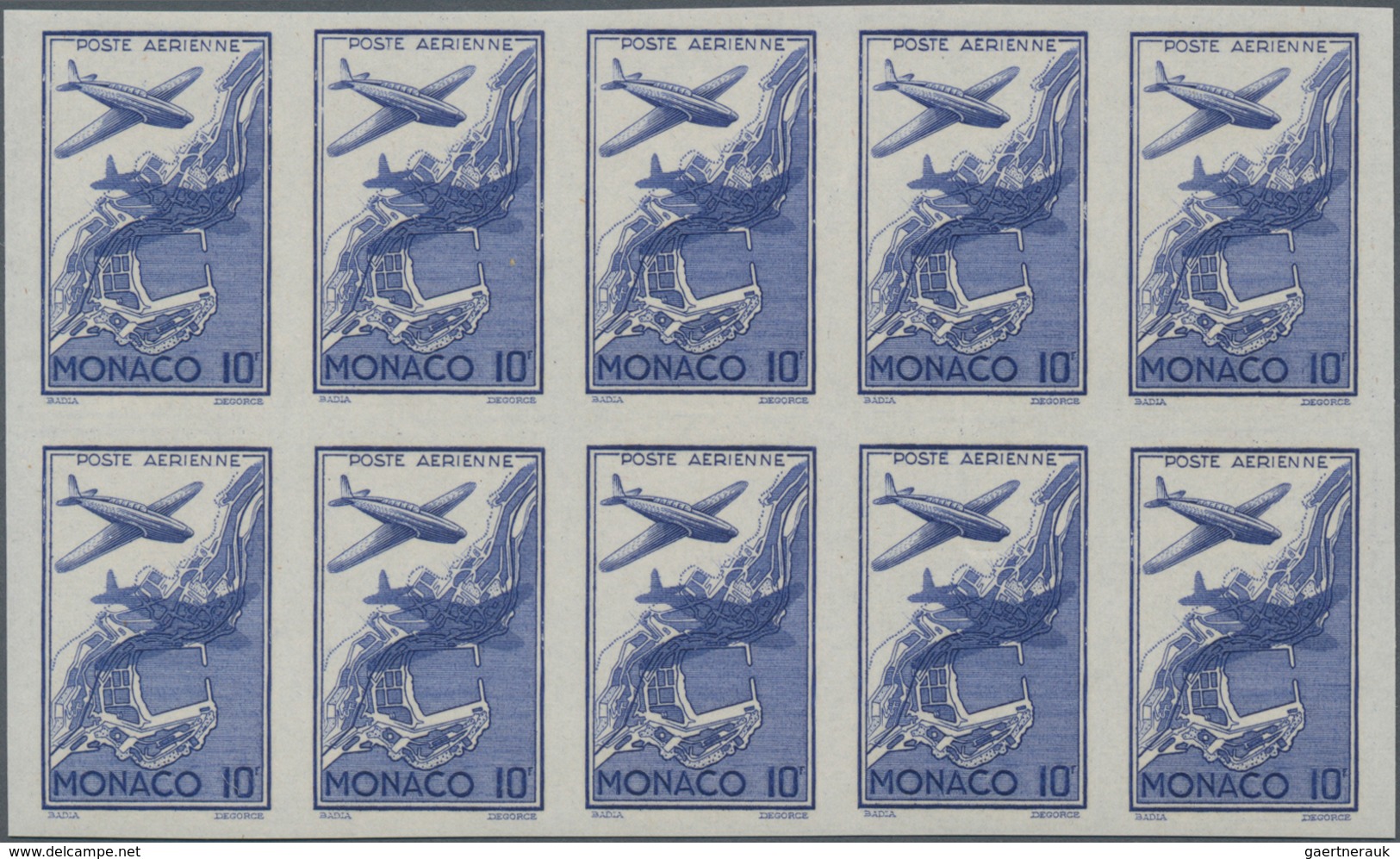 Monaco: 1942, Airmail issue complete set of six in IMPERFORATE blocks of ten, mint never hinged and