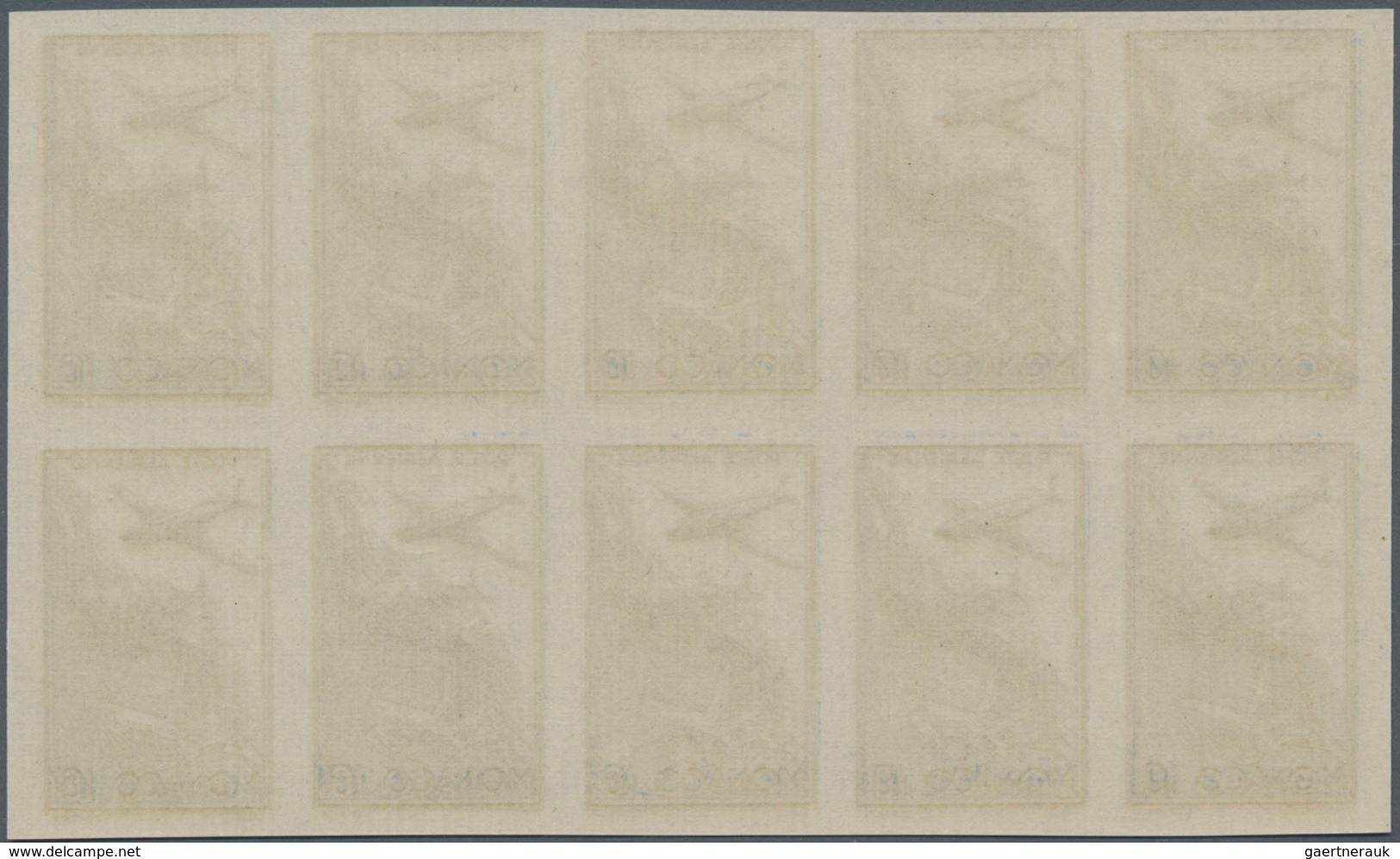 Monaco: 1942, Airmail issue complete set of six in IMPERFORATE blocks of ten, mint never hinged and