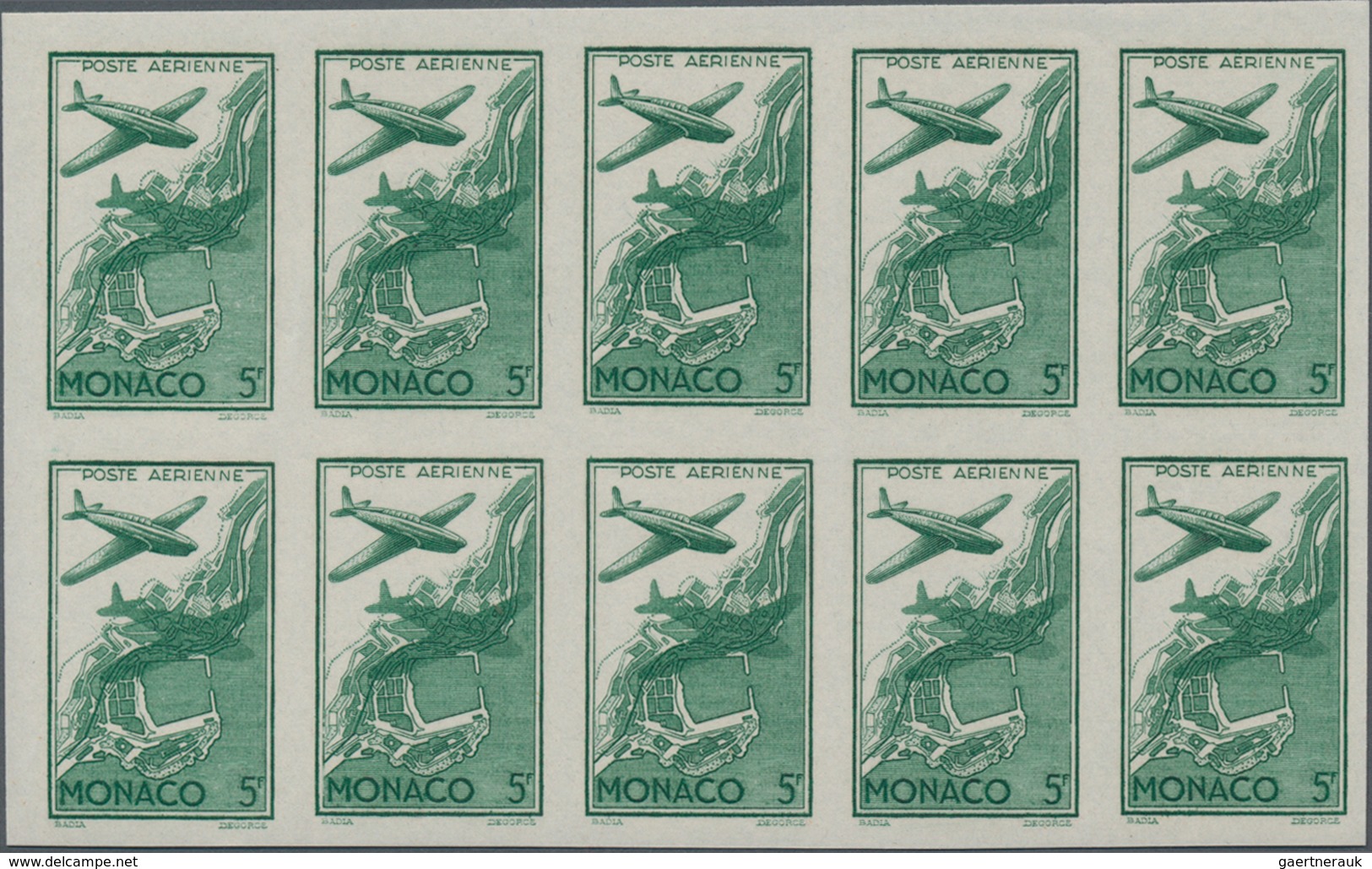 Monaco: 1942, Airmail issue complete set of six in IMPERFORATE blocks of ten, mint never hinged and