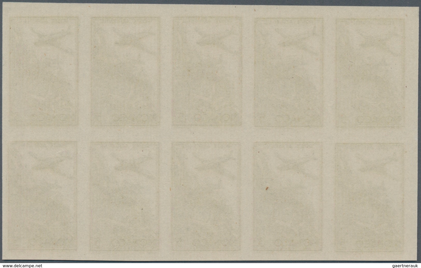 Monaco: 1942, Airmail issue complete set of six in IMPERFORATE blocks of ten, mint never hinged and