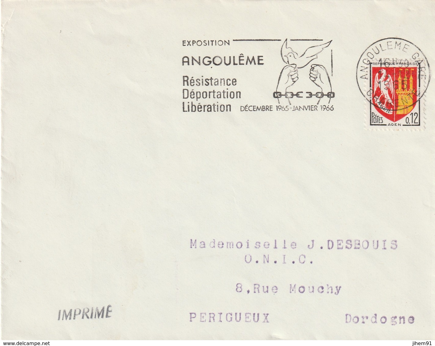 Env. De "Angoulême Gare - 16, Charente" Du 14-12-1965, "Expo Résistance, Déportation, Libération"  (YT 1353A) - Oblitérations Mécaniques (flammes)