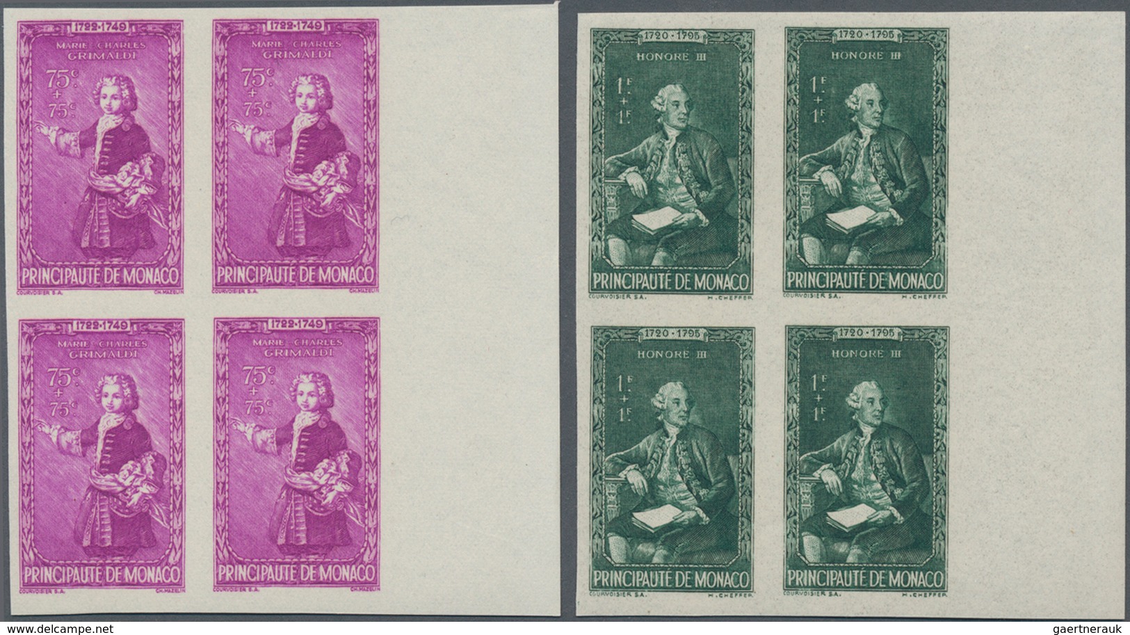 Monaco: 1942, Princes and Princesses of Monaco complete set of 15 in IMPERFORATE blocks of four from