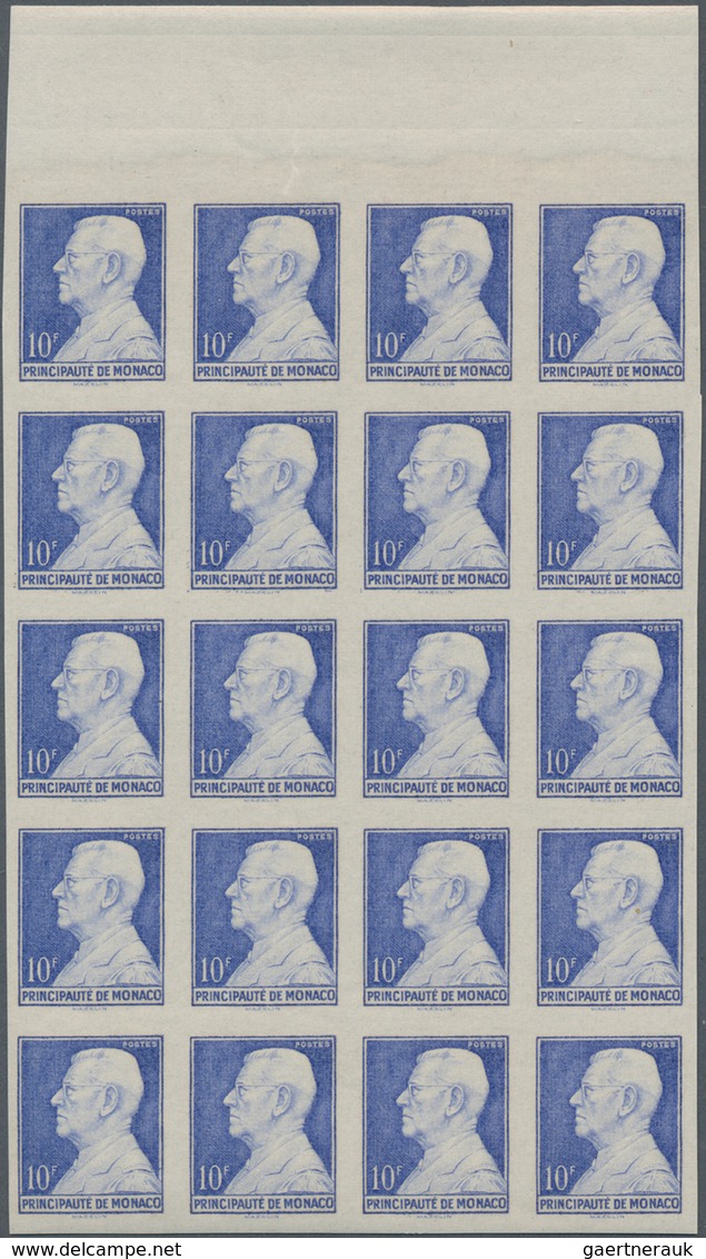 Monaco: 1946, Definitive Issue Prince Louis II. Part Set Of Four In IMPERFORATE Blocks Of Twenty Fro - Unused Stamps