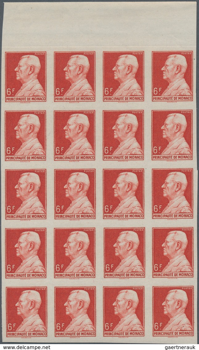 Monaco: 1946, Definitive Issue Prince Louis II. Part Set Of Four In IMPERFORATE Blocks Of Twenty Fro - Unused Stamps