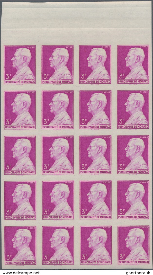 Monaco: 1946, Definitive Issue Prince Louis II. Part Set Of Four In IMPERFORATE Blocks Of Twenty Fro - Unused Stamps