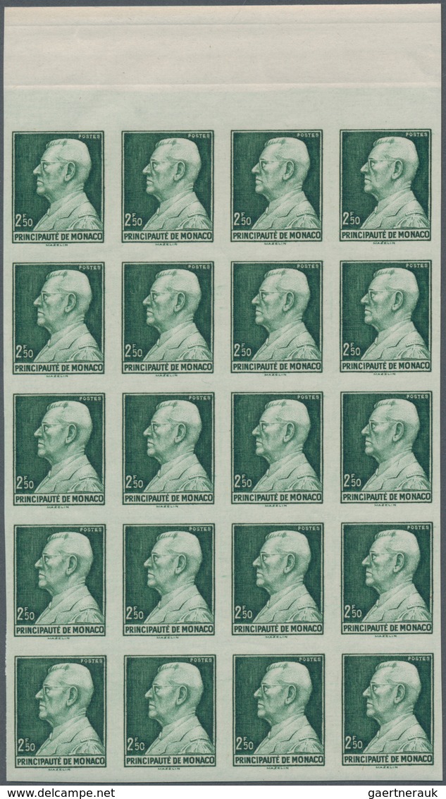 Monaco: 1946, definitive issue Prince Louis II. part set of four in IMPERFORATE blocks of twenty fro