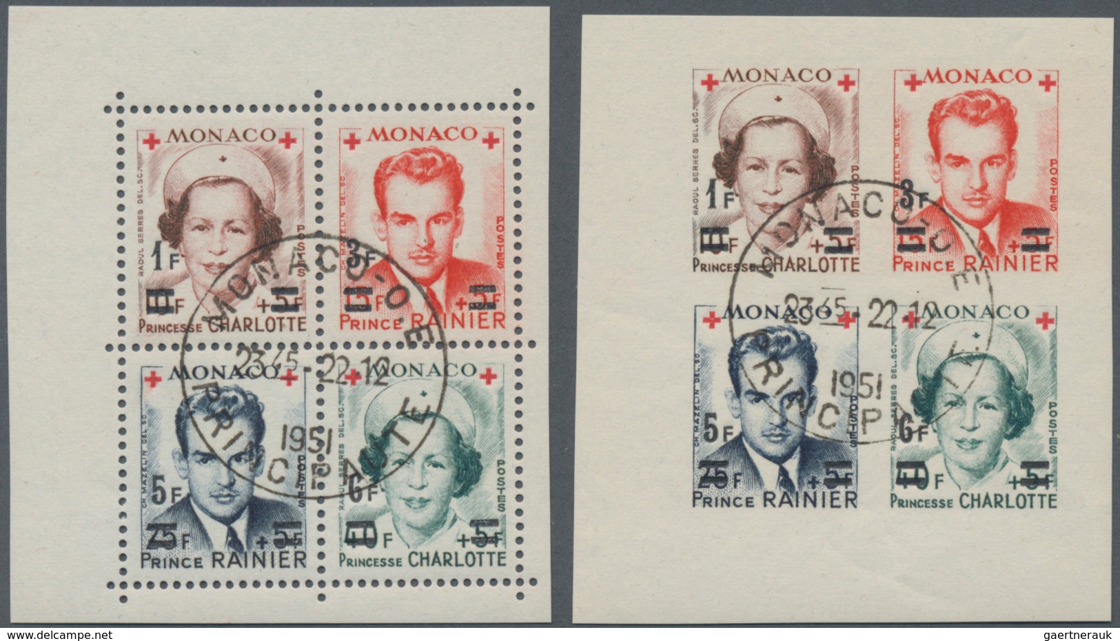 Monaco: 1951, RED CROSS Surcharges Two Sets In Se-tenant Perforate And IMPERFORATE Blocks With Margi - Unused Stamps