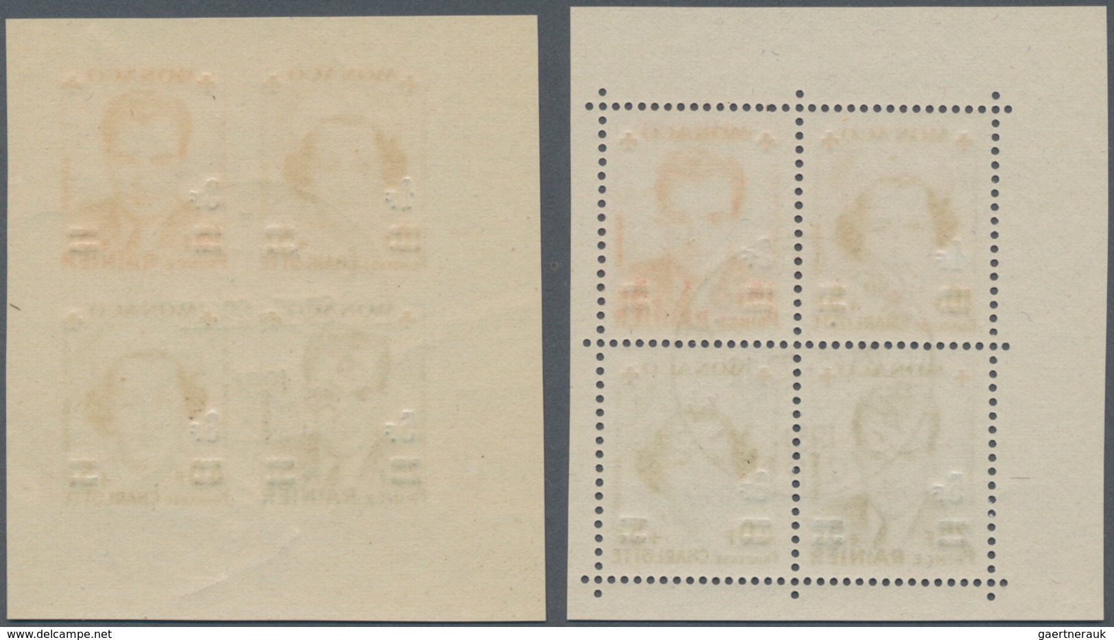 Monaco: 1951, RED CROSS Surcharges Two Sets In Se-tenant Perforate And IMPERFORATE Blocks With Margi - Unused Stamps
