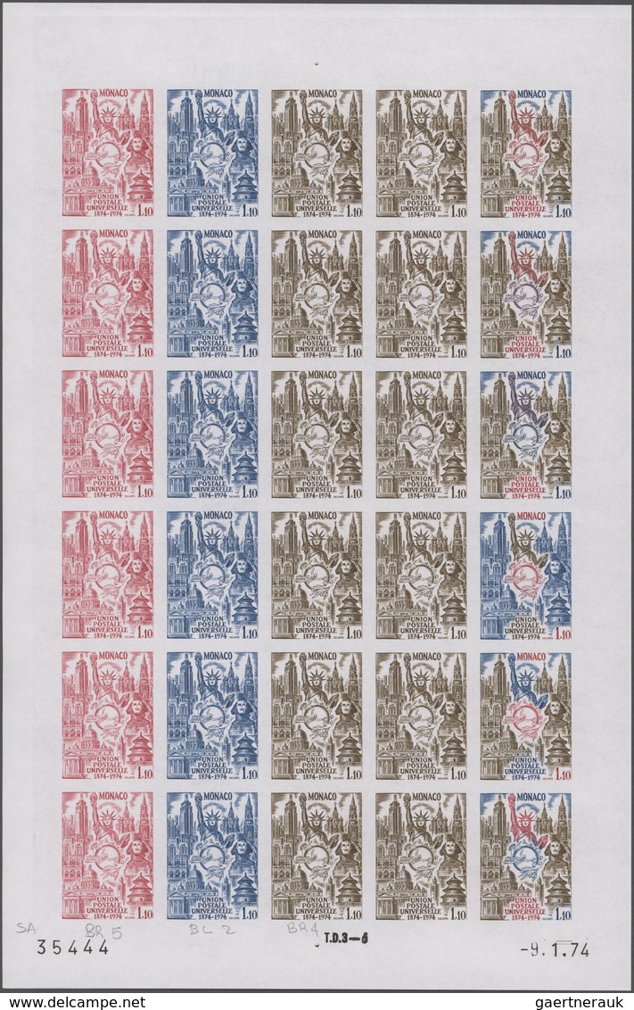 Monaco: 1974, Centenary Of United Postal Union (UPU) Complete Set Of Three In IMPERFORATE PROOF Shee - Unused Stamps