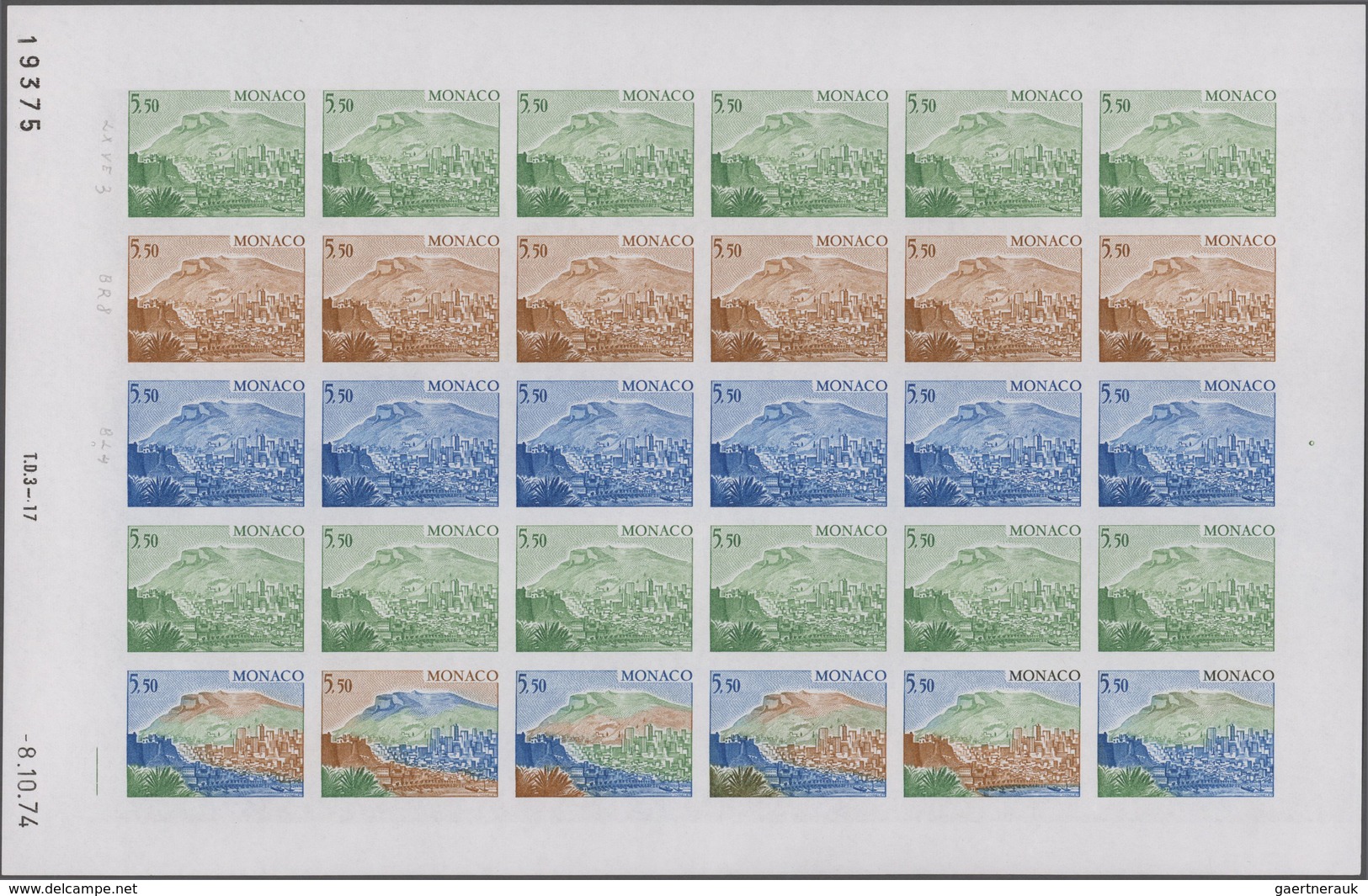 Monaco: 1974, Definitive Issue 'Sights Of Monaco' Complete Set Of Six In IMPERFORATE PROOF Sheets Wi - Unused Stamps