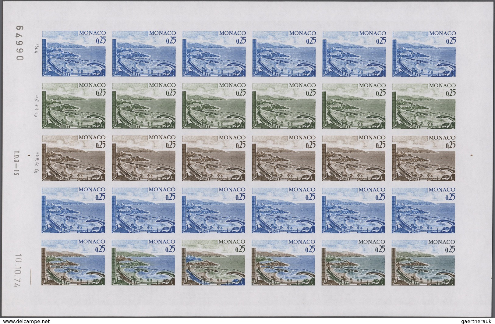 Monaco: 1974, Definitive Issue 'Sights Of Monaco' Complete Set Of Six In IMPERFORATE PROOF Sheets Wi - Nuovi