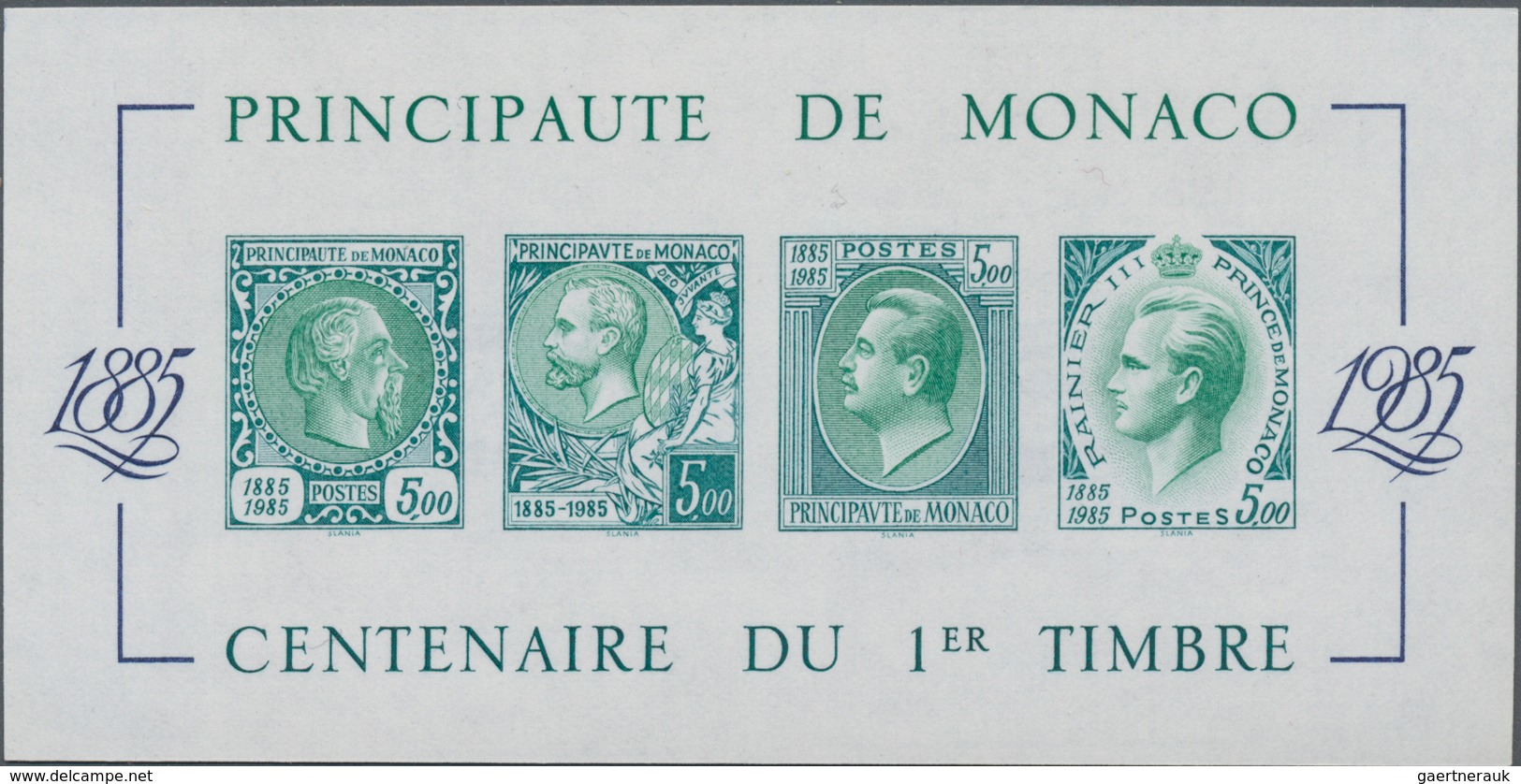 Monaco: 1985, Stamp Centenary Souvenir Sheet, Imperforate Special Edition In GREEN, Mint Never Hinge - Unused Stamps