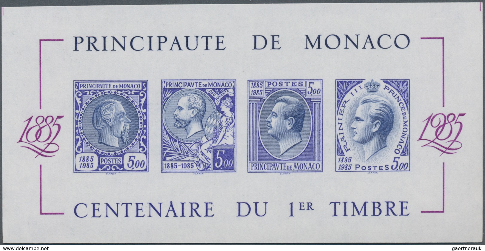 Monaco: 1985, Stamp Centenary Souvenir Sheet, Imperforate Special Edition In VIOLET, Mint Never Hing - Unused Stamps