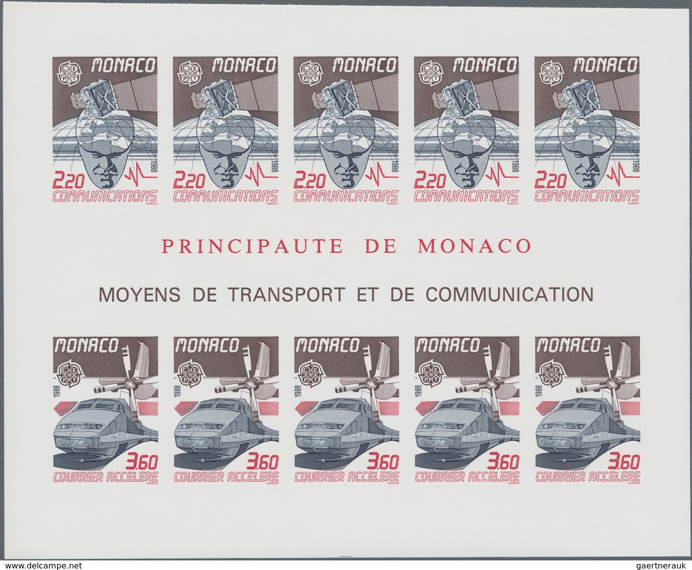 Monaco: 1988, Europa-CEPT 'Transportation (train TGV And Satellite)' IMPERFORATE Miniature Sheet, Mi - Unused Stamps