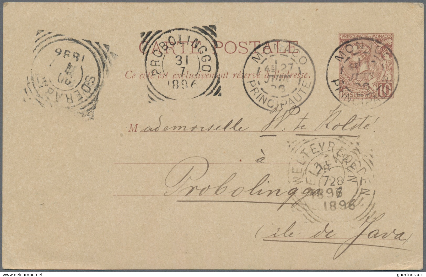 Monaco - Ganzsachen: 1896, 10 C. Brown Canc. "MONACO 27 JUIN 96" To Probolinggo/Java, Netherlands In - Interi Postali