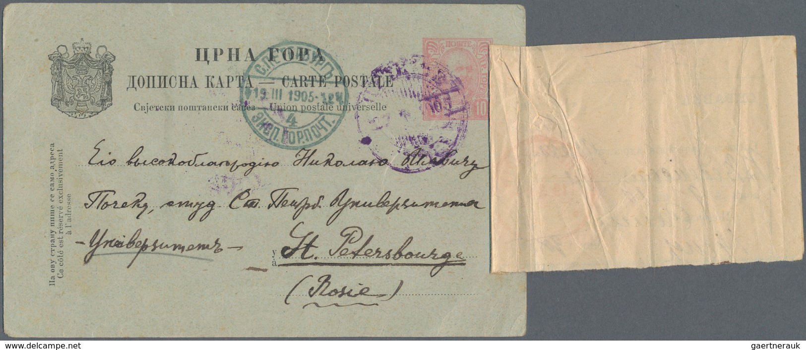 Montenegro - Ganzsachen: 1905, Card 10h. Rose On Bluish Grey Commercially Used With Comprehensive Me - Montenegro