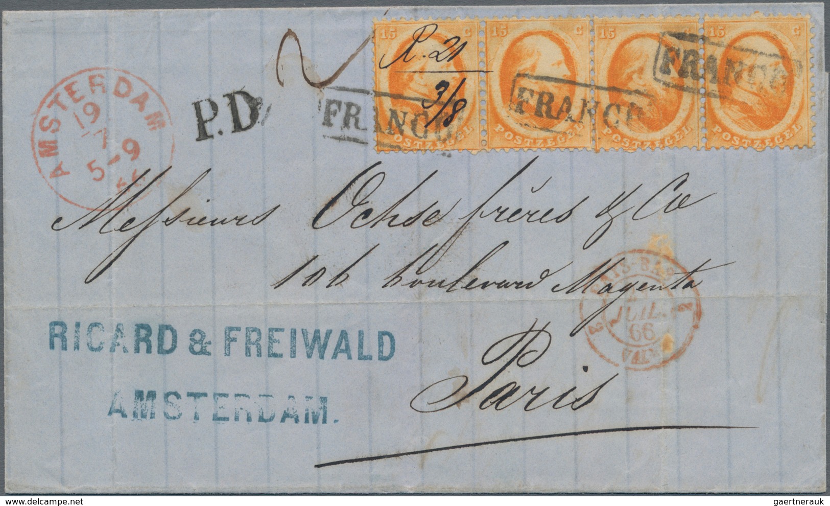 Niederlande: 1866, P.D.-letter Franked With Two Horizontal Pairs Of 15 (c) Orange Emperor Wilhelm II - Briefe U. Dokumente