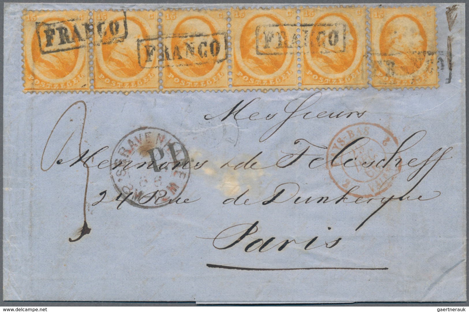 Niederlande: 1866, Willem 15 C. Orange, A Horizontal Strip-5 Plus Single Tied Boxed "FRANCO" W. "S'G - Covers & Documents