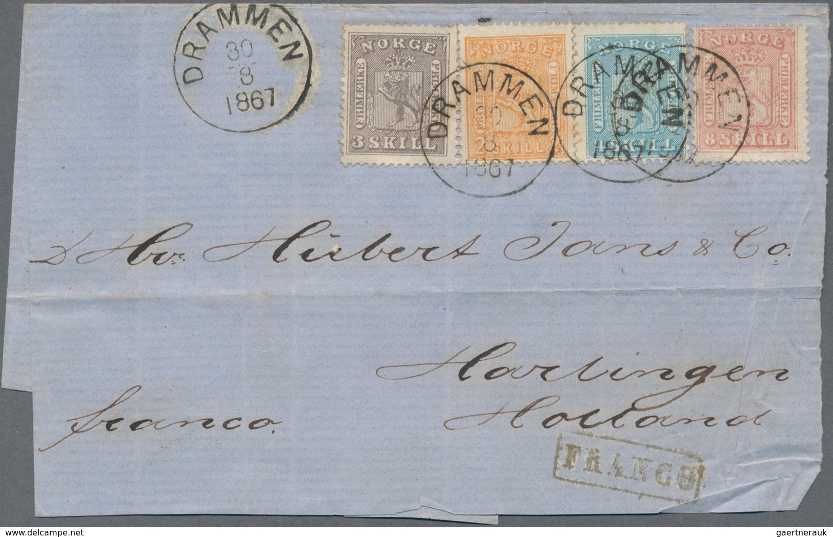 Norwegen: 1867, 3sk. Greyish Violet, 4sk. Blue, 8sk. Rose In Combination With 2sk. Orange, All Stamp - Brieven En Documenten